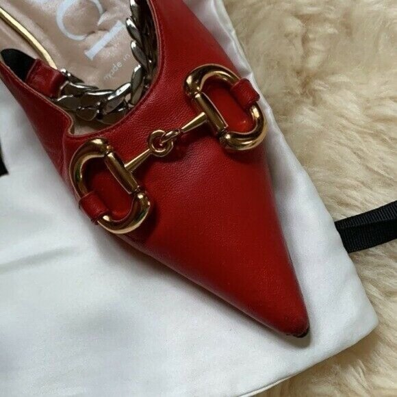 GUCCI Deva Red Lamb Leather Point Toe Horsebit Silver Chain Ballet Flats 35 - Picture 4 of 12